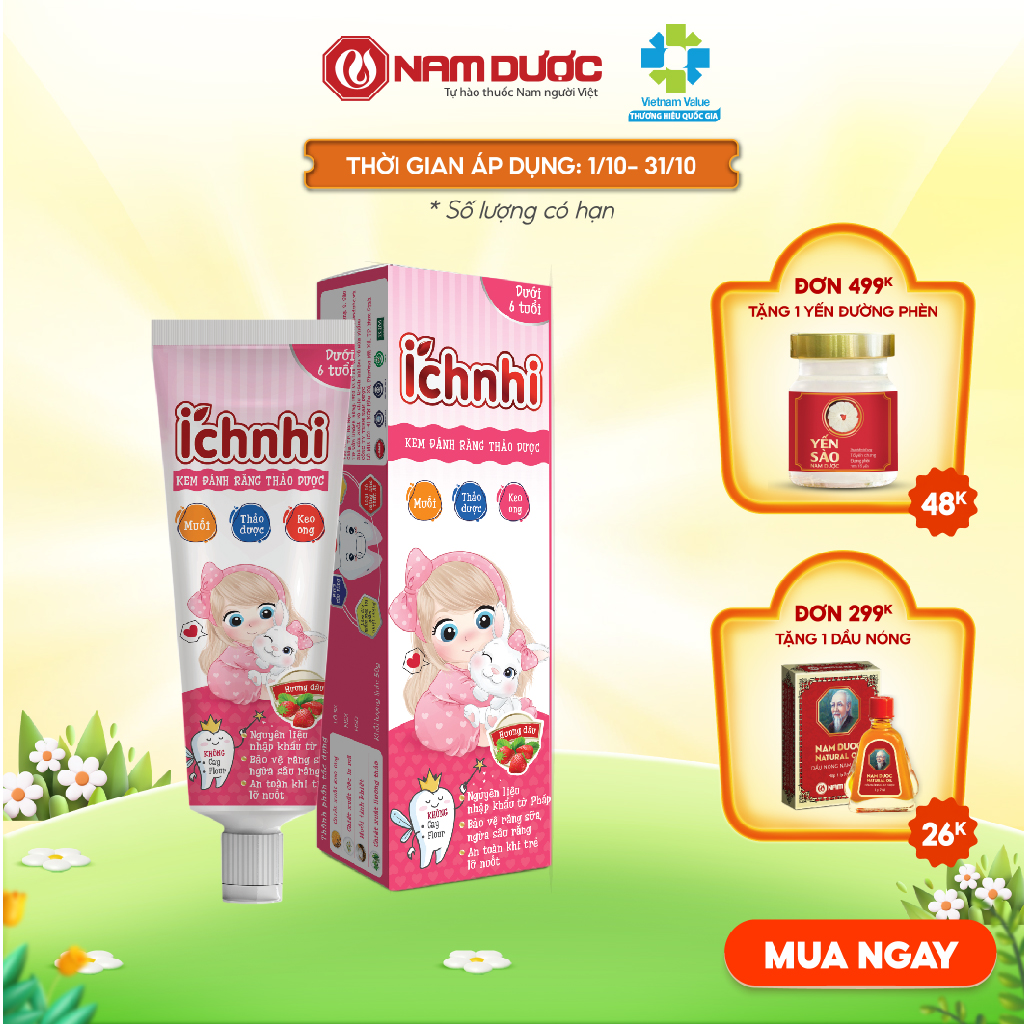 Kem đánh răng thảo dược Ích Nhi Nam Dược hương dâu tuýp 50g cho bé < 6 tuổi nuốt được, ngừa sâu răng