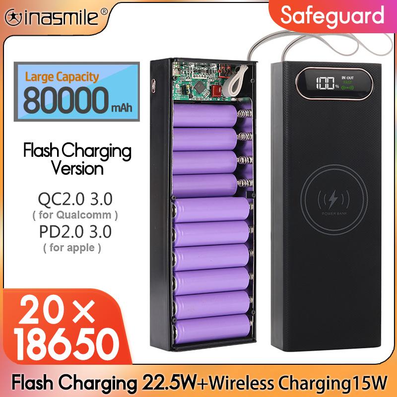 20x 18650 Pin Power Bank Hộp đựng hộp sạc USB kép Màn hình LCD Hỗ trợ sạc nhanh không dây Bộ lưu trữ pin Màu vỏ: 20-10W-Đen