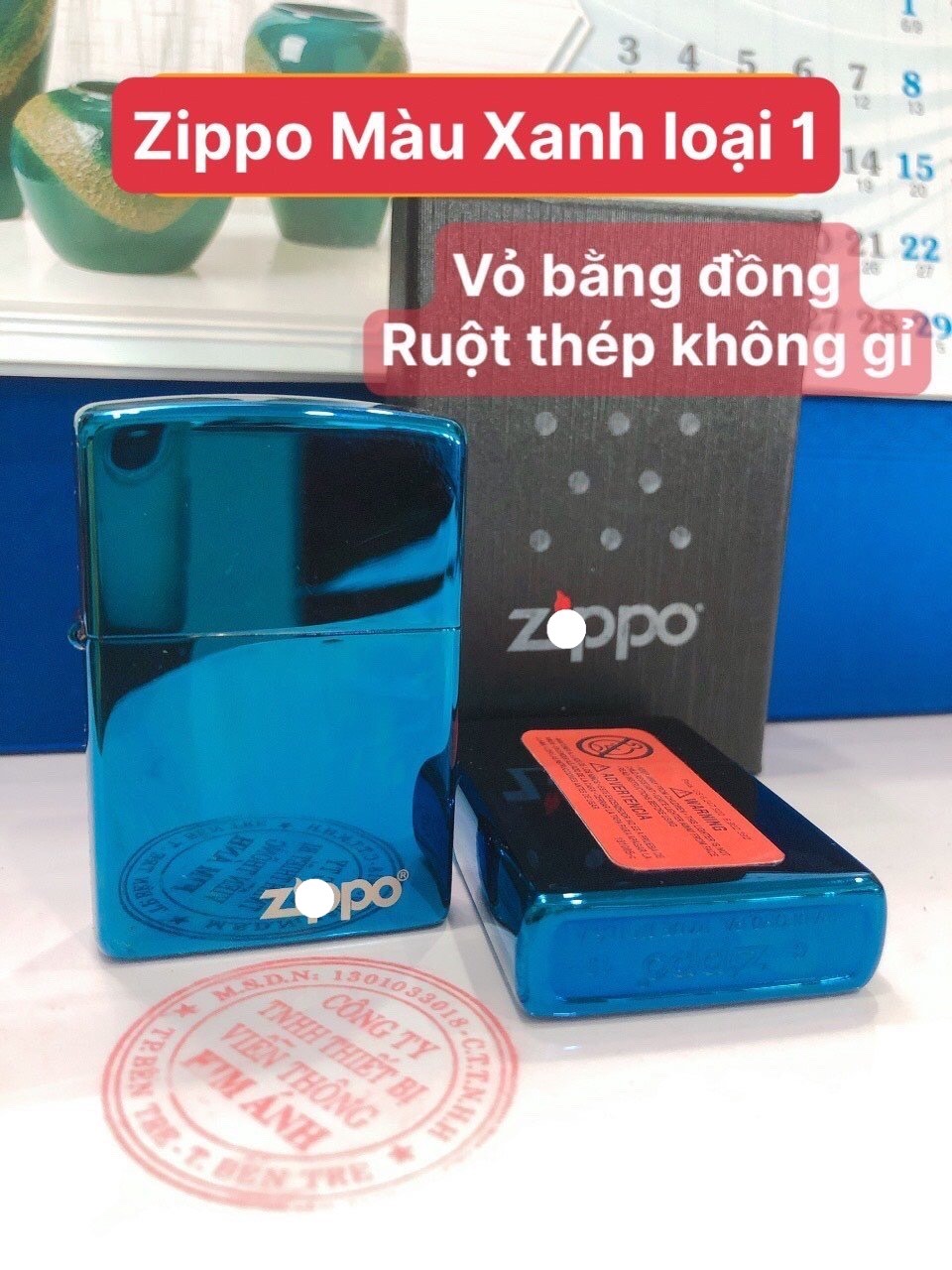 Hộp quẹt, bật lửa zip po màu xanh bóng in logo, vỏ bằng đồng ruột bằng thép không gỉ, có tem đỏ