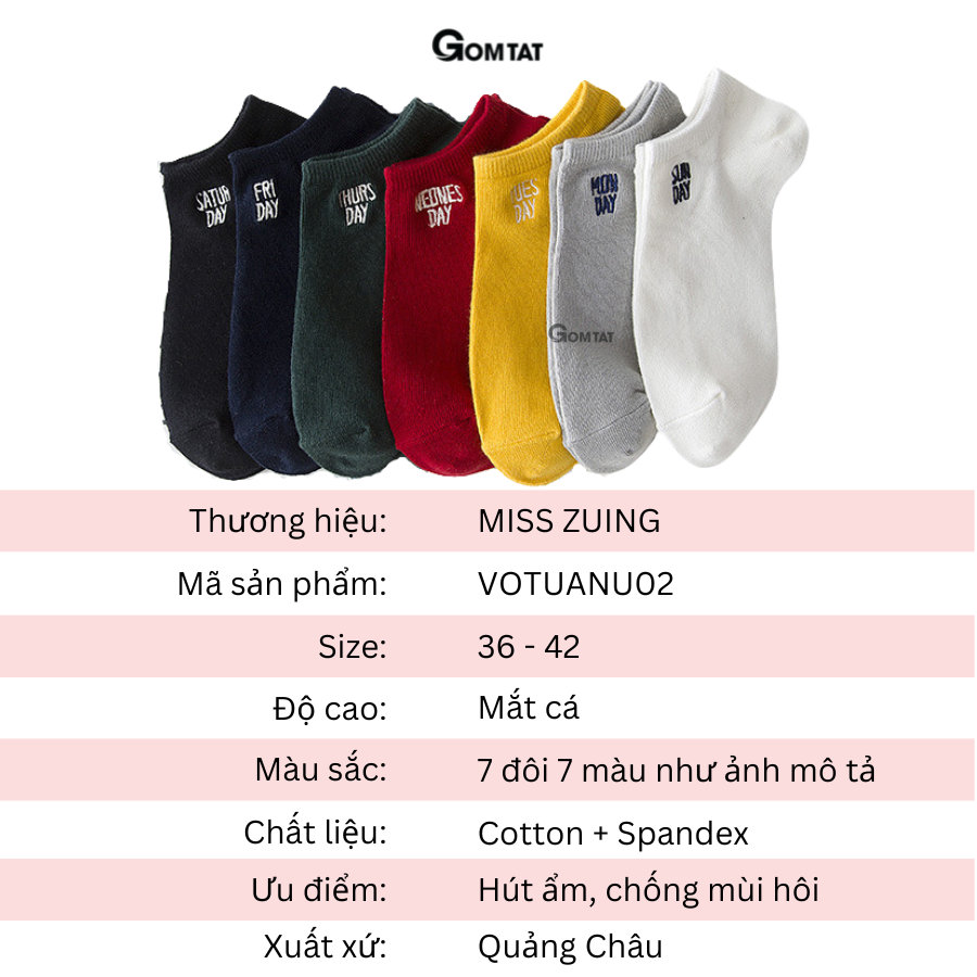 Set 7 đôi Vớ cổ ngắn nữ chất liệu cotton cao cấp, tất nữ cổ thấp 7 đôi sử dụng 7 ngày [mẫu nữ 02] - VOTUAN-NU02