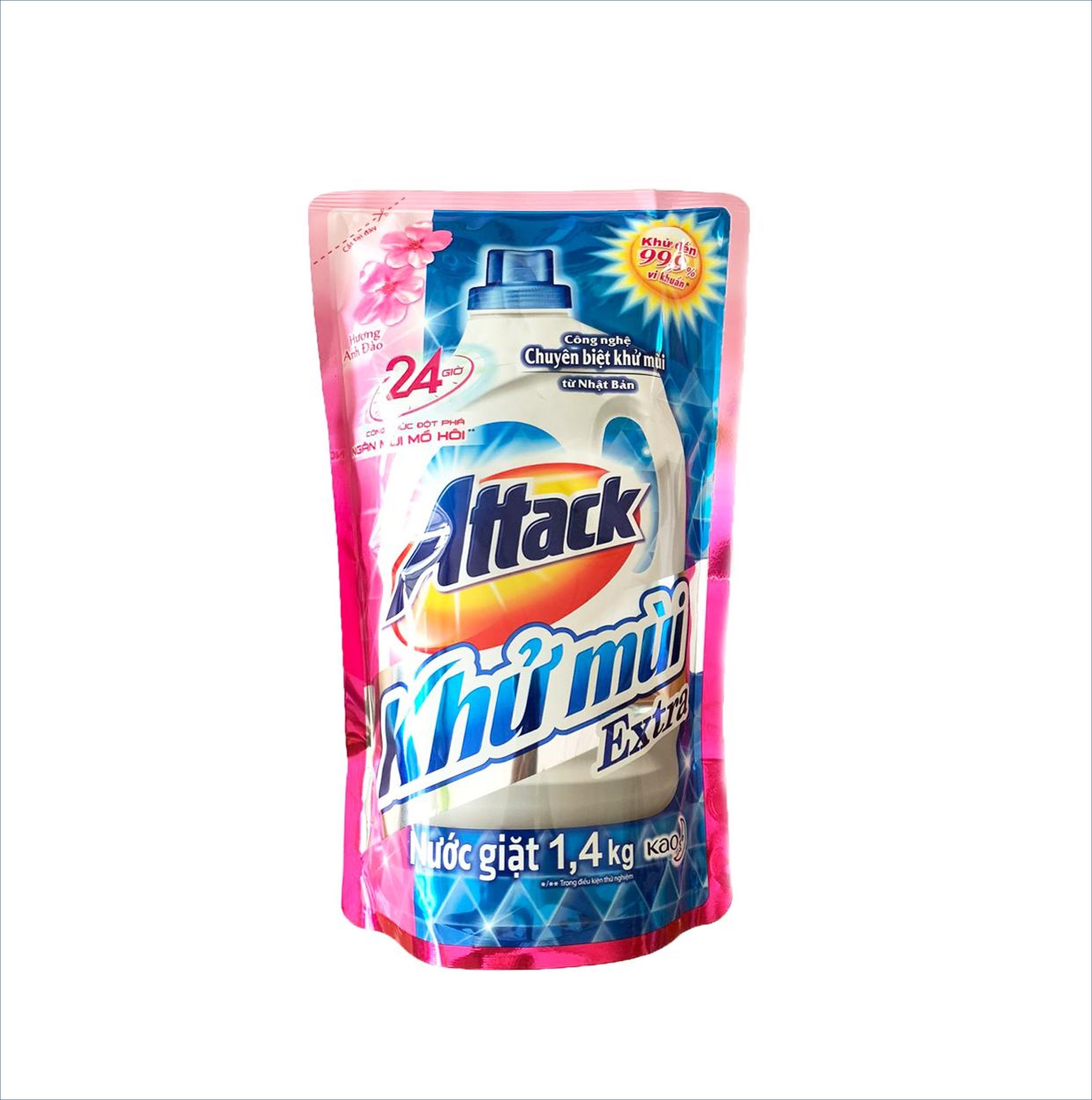 Combo giặt tẩy khử mùi: Nước Giặt Attack Khử Mùi Extra Huơng Anh Đào (Chai 2.4kg + Túi đứng 1.4kg) + Chai Nước tẩy quần áo WIDE HAITER EX POWER 600ml dùng cho vải màu