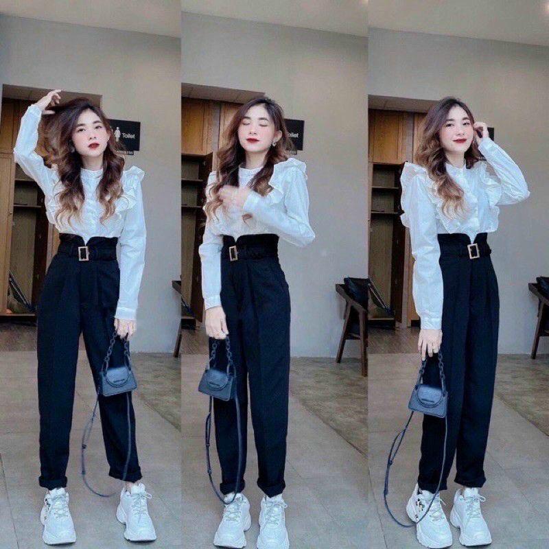 Quần baggy nữ tây vải tuyết mưa baggy công sở cạp V kèm đai quần dài cạp không chun thun vải tuyết mưa lưng cao