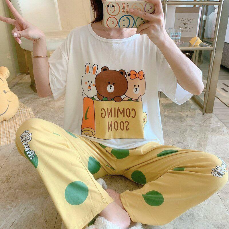 Đồ bộ nữ mặc nhà quần dài tay cộc họa tiết đáng yêu