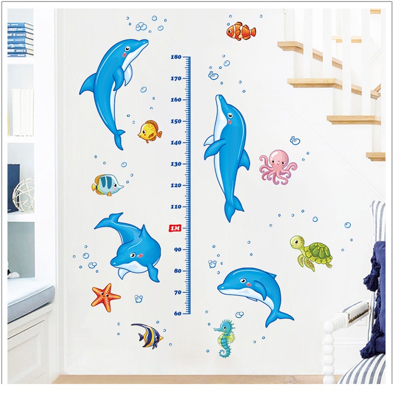 Decal dán tường thước đo Cá heo nhảy múa AmyShop