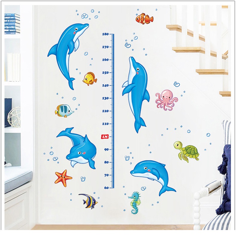 Decal dán tường thước đo Cá heo nhảy múa AmyShop (160 x 110cm)