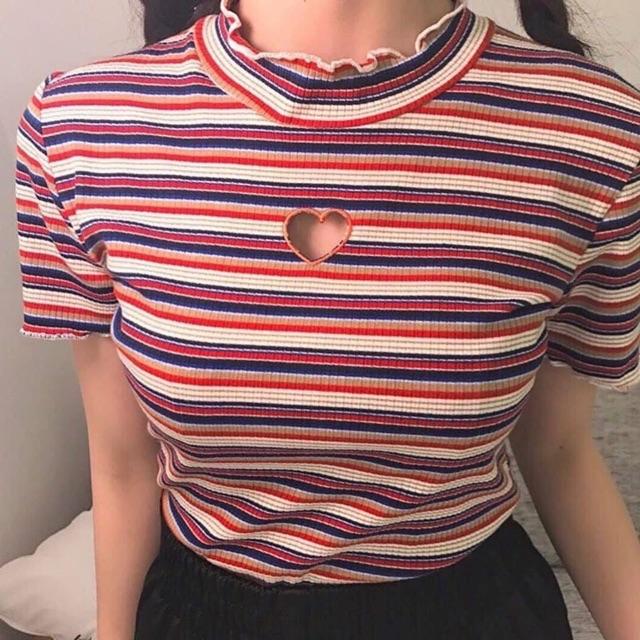 Áo croptop thun gân sọc ngang cut out tim ở cổ  - Chất gân lụa siêu dày mềm mụn dày dặn, co dãn tốt