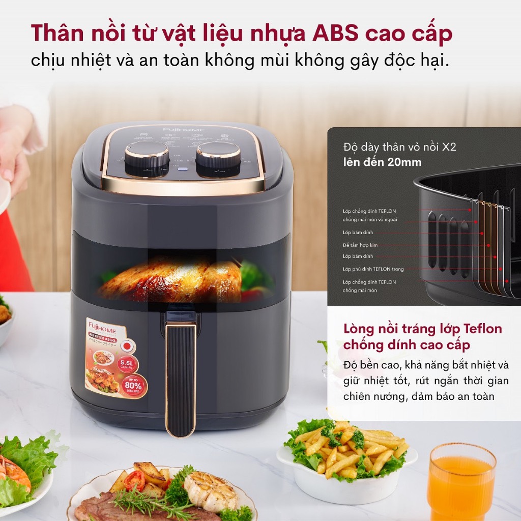 Nồi chiên không dầu 5.5 Lít FujiHome A5GG nhập khẩu tặng kèm kẹp gắp inox cao cấp - hàng chính hãng