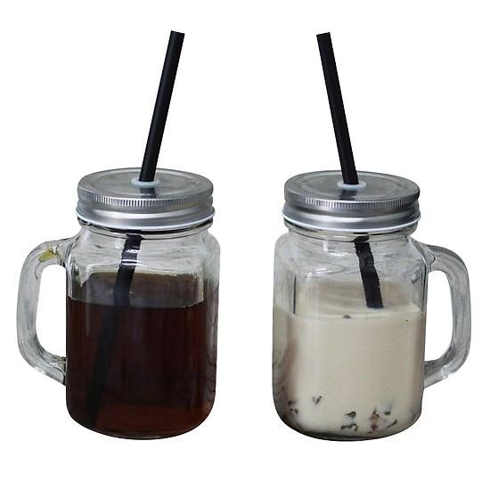 Combo 3 Ly Thủy Tinh Có Quai Uống Trà Sữa 450ML nắp có lỗ