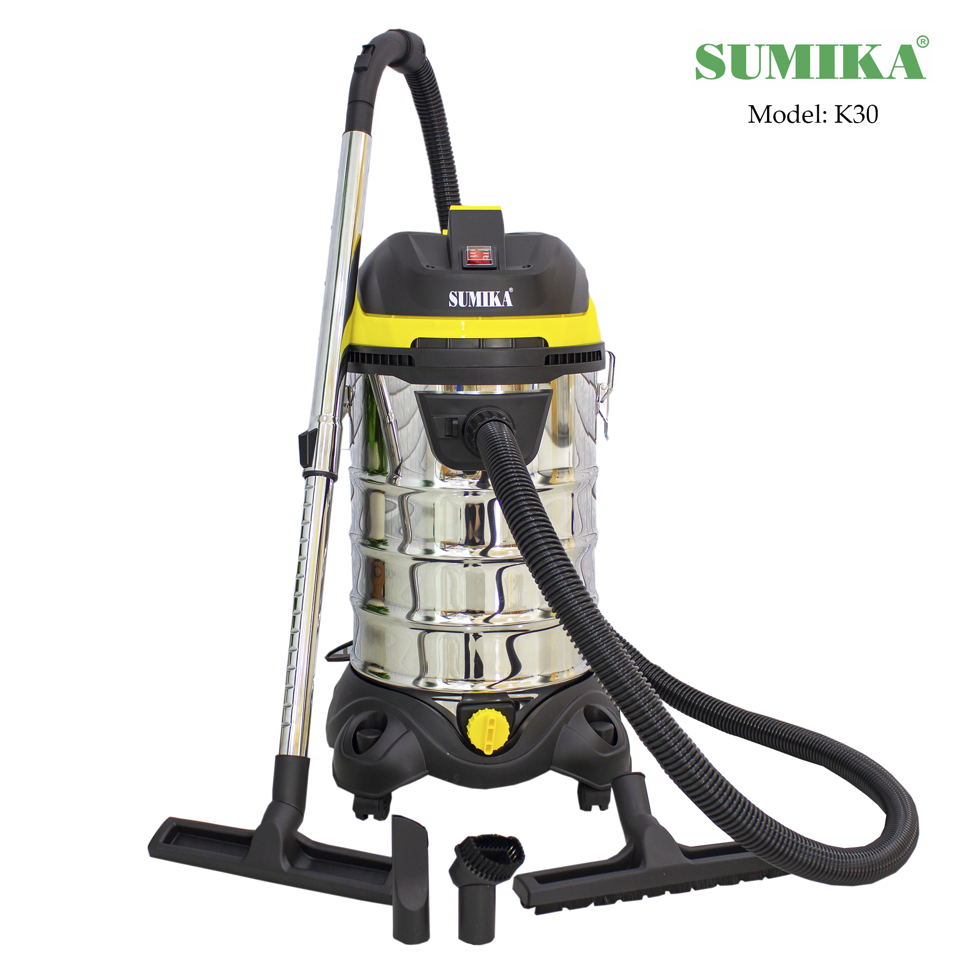 Máy hút bụi SUMIKA K30, Màu Vàng, 30L, 1800W, hút nước, hút bụi, thổi bụi, dây điện dài 10m, thùng chứa inox không gỉ - Hàng chính hãng