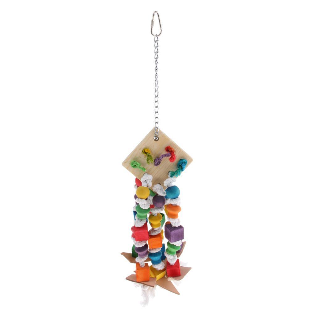 2 Pcs Hanging Toys for Pet Parrot,Colorful Wood Blocks Loofah Leather Swing