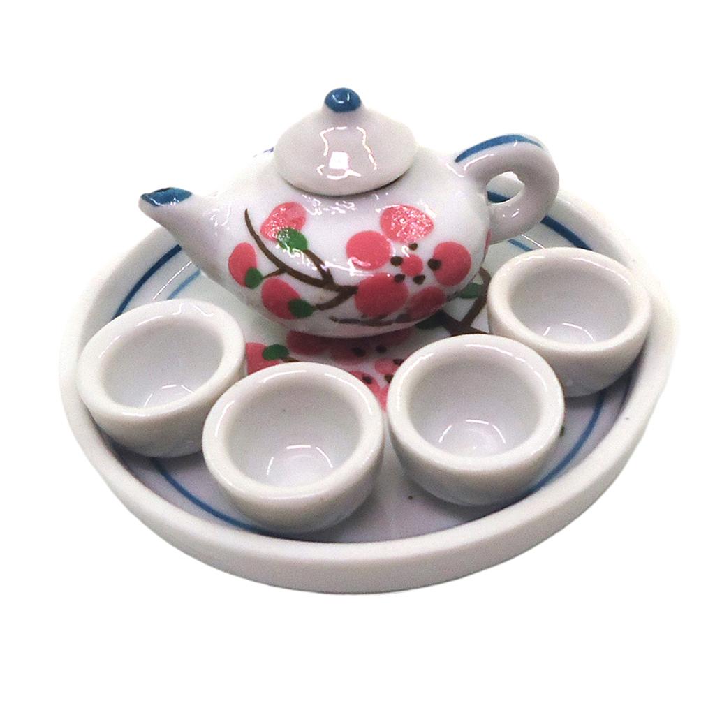 1/12 Dollhouse Porcelain Tea Set with Tea Pot Tea Cups and Tray for Dollhouse Miniature Kitchen Accessories