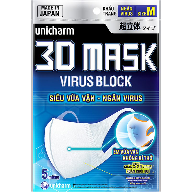 Thùng Khẩu Trang Unicharm 3D Mask Virus Block Ngăn Virus (48 Gói)