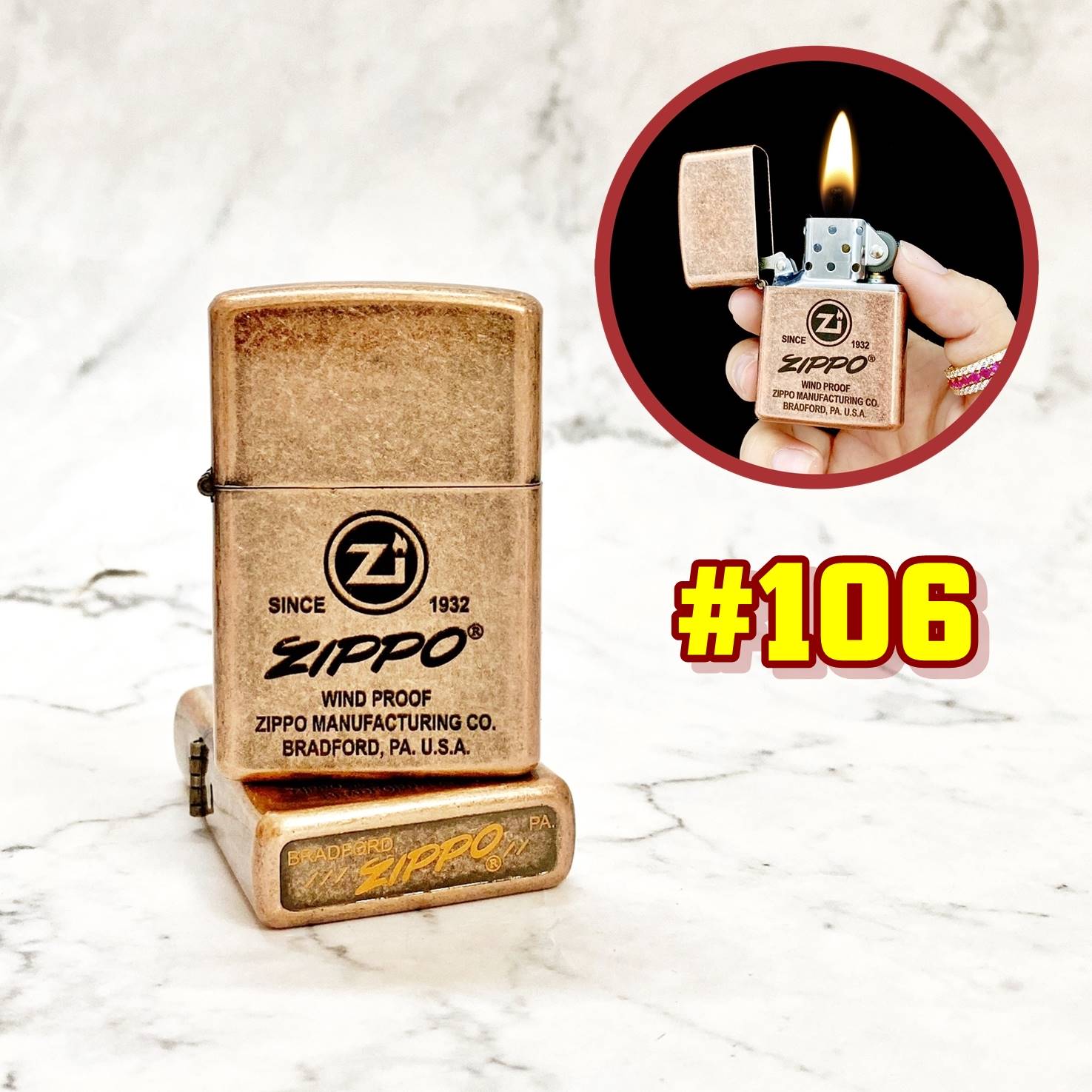 Hộp quẹt bật lửa Zipo đồng cổ logo ZÍppo chữ xéo (chữ nghiêng) (có mộc đáy) - (hộp thiếc kèm xăng) H-106