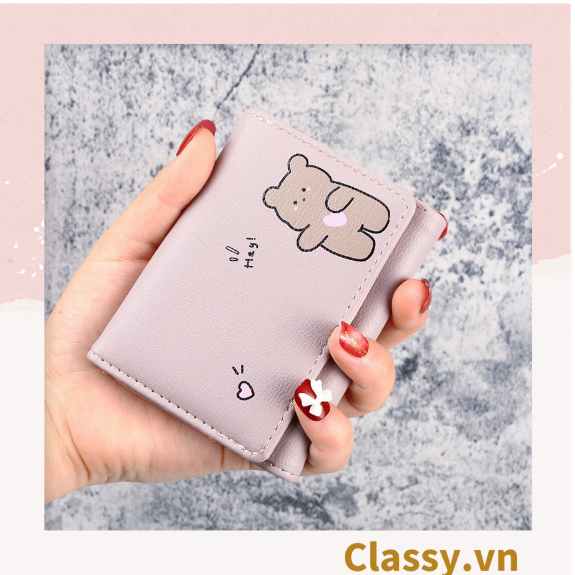 Classy Ví da nữ dạng gập, hình gấu thỏ khủng long, cài nút bấm T1499