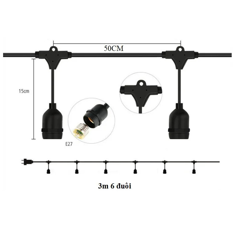 Dây đui đèn kín nước trang trí ngoài trời 3 mét 6 đui E27 hàng chính hãng.