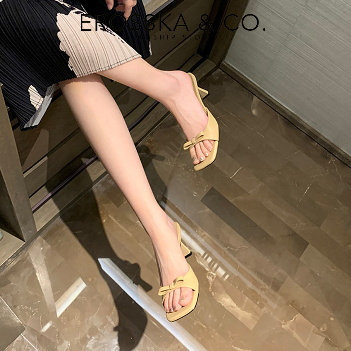 Erosska - Giày sandal cao gót nhọn quai ngang phối nơ thời trang công sở cao 7cm - EB056