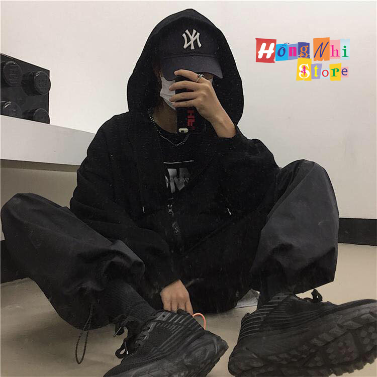 Áo Hoodie Zip Unisex Black - Khoác Hoodie Dây Kéo Dáng Rộng Màu Đen - MM