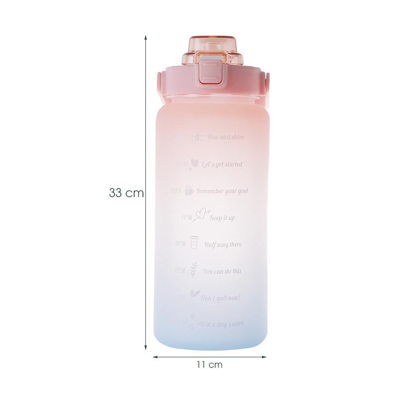 Bình nước 2L có vạch báo giờ uống nước - Bình đựng nước màu gradient bắt mắt có ống hút và sticker trang trí