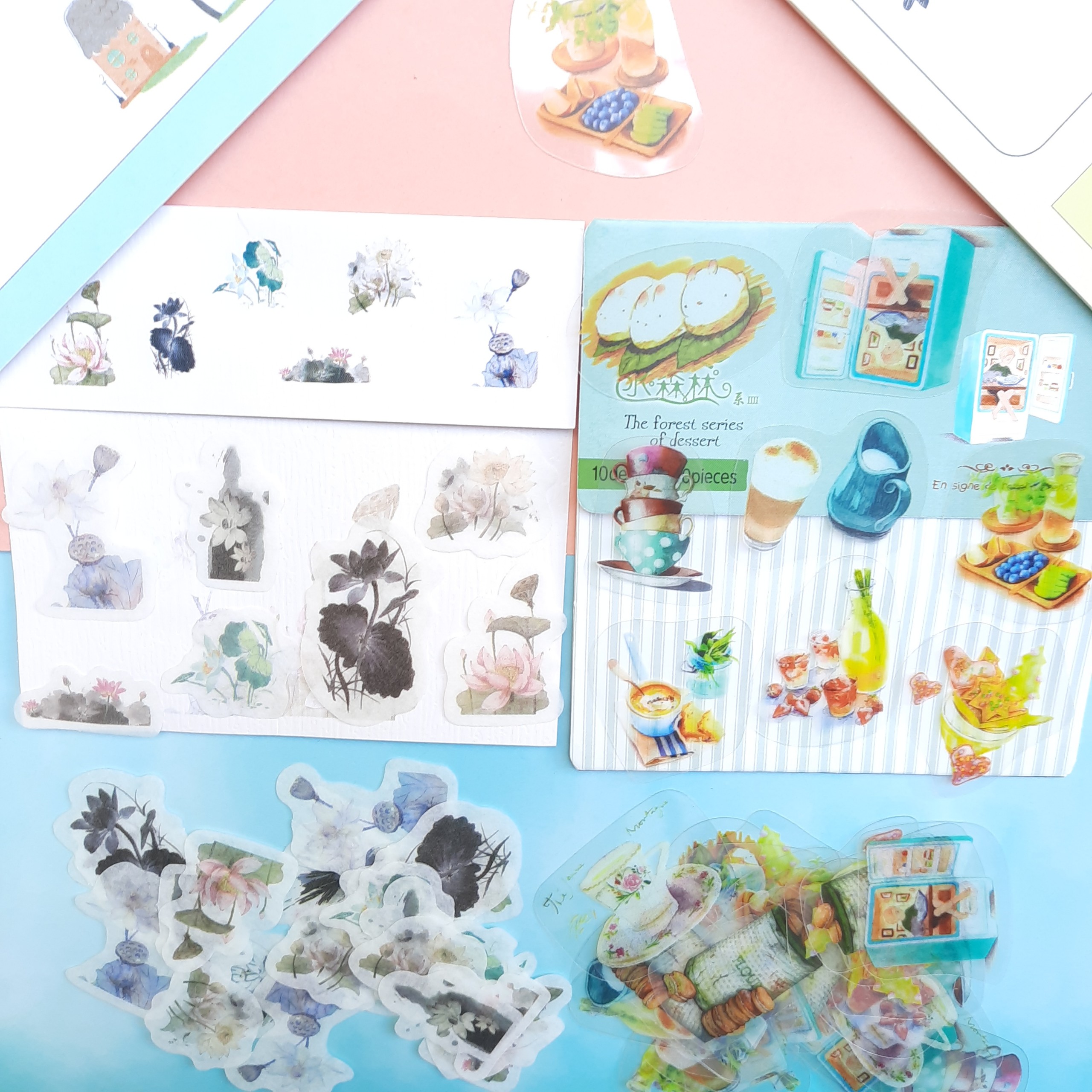 Combo 2 Bộ 32, 40 Sticker Hình Dán Mini Đồ Ăn Thức Uống Và Hoa Sen