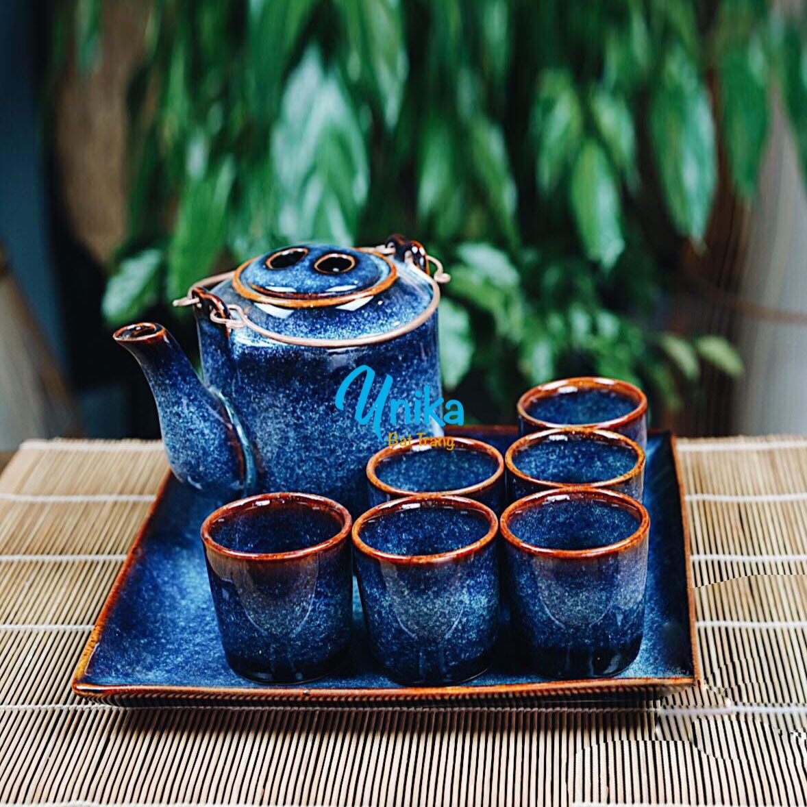 Bộ ấm tích uống trà cao cấp khay vuông men xanh sóng biển Bát Tràng