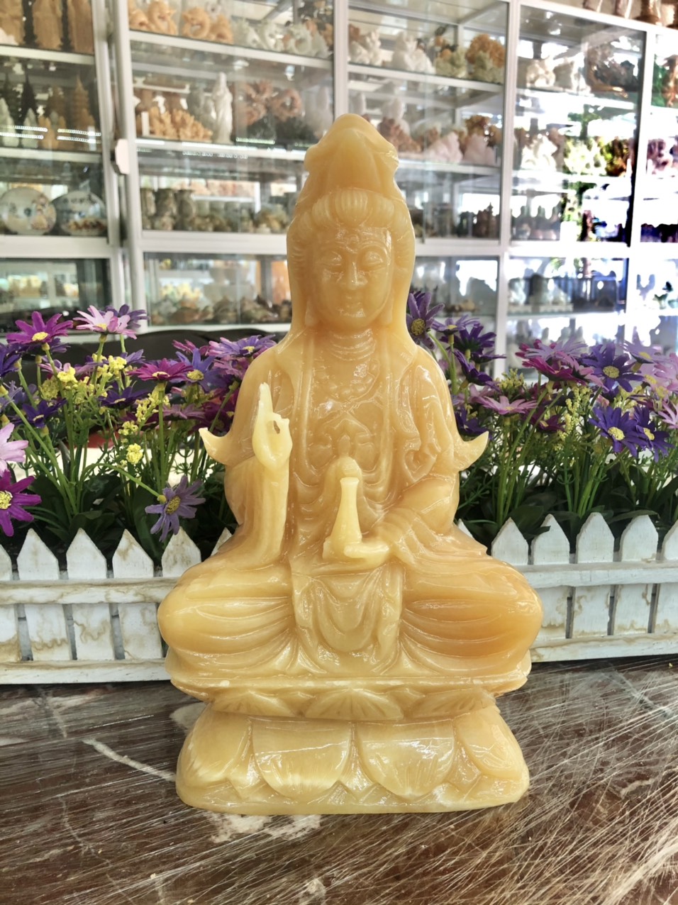 Tượng Phật Bà Quan Âm ngồi đài sen đá ngọc hoàng long - Cao 30 cm