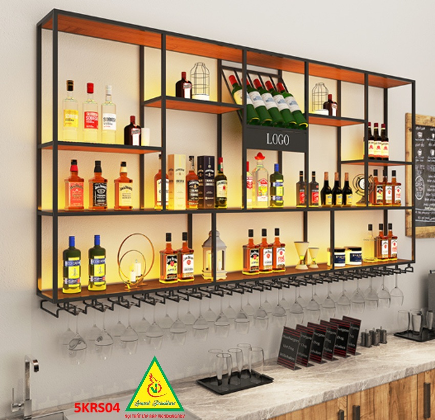 KỆ TRƯNG RƯỢU KHUNG SẮT – MẶT GỖ CÓ ĐÈN 5KRS04 - NỘI THẤT LẮP RÁP VIENDONGADV
