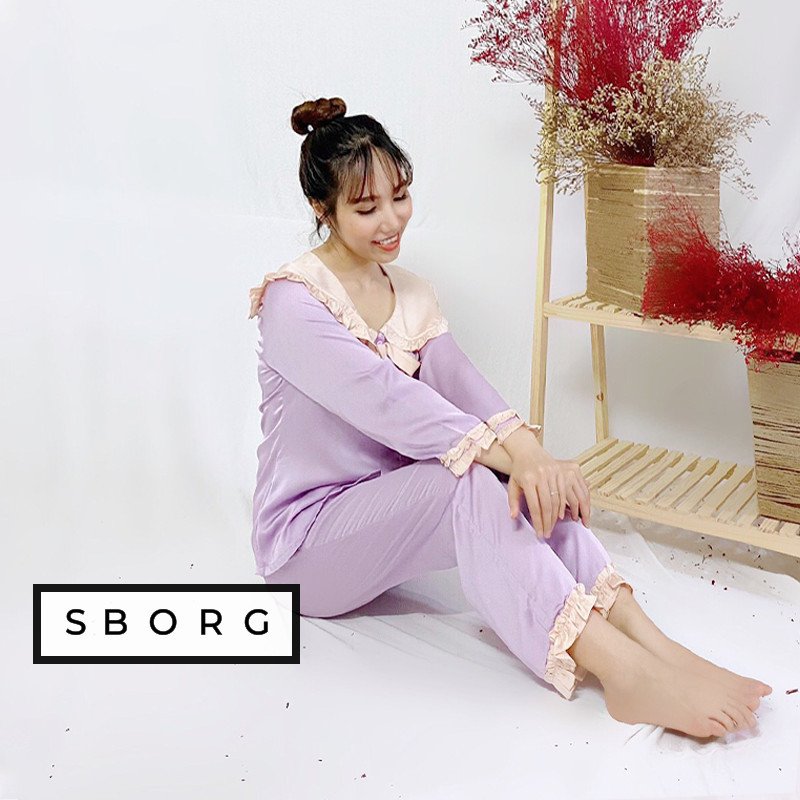 Đồ bộ mặc nhà SBORG bộ pijama lụa satin cao cấp mềm mịn tay dài viền dún cute cổ bèo có nơ phối quần dài có túi freesize dưới 55kg quà tặng Vợ, thoải mái mặc ngủ, ở nhà hoặc đi ra ngoài.