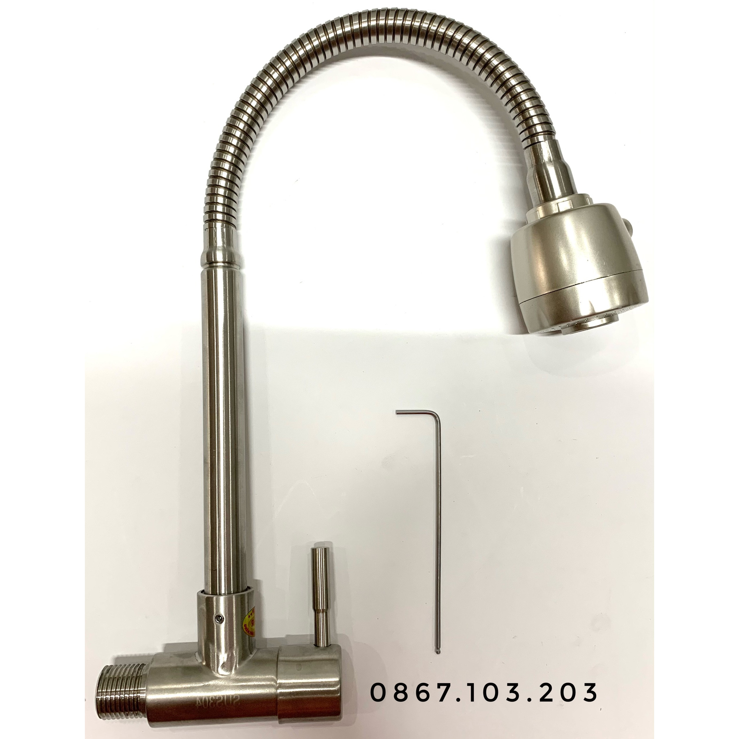 Vòi rửa chén lạnh âm tường Inox SUS 304, cần lò xo mềm