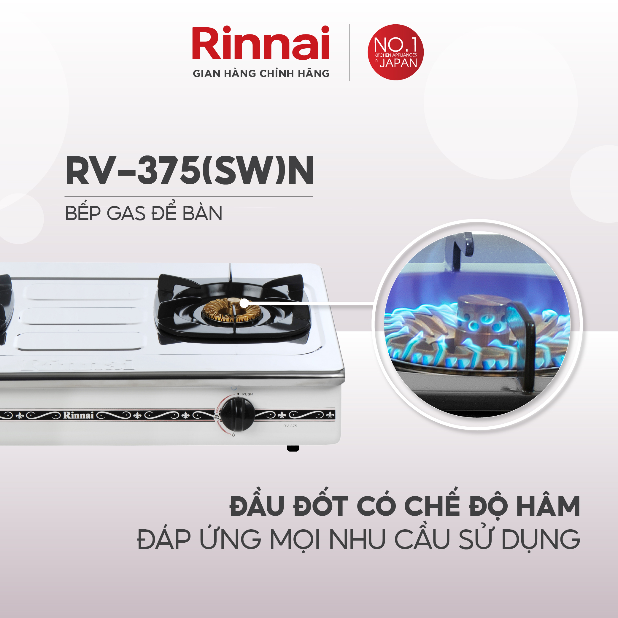 Bếp gas dương Rinnai RV-375N mặt bếp inox và kiềng bếp men - Hàng chính hãng.