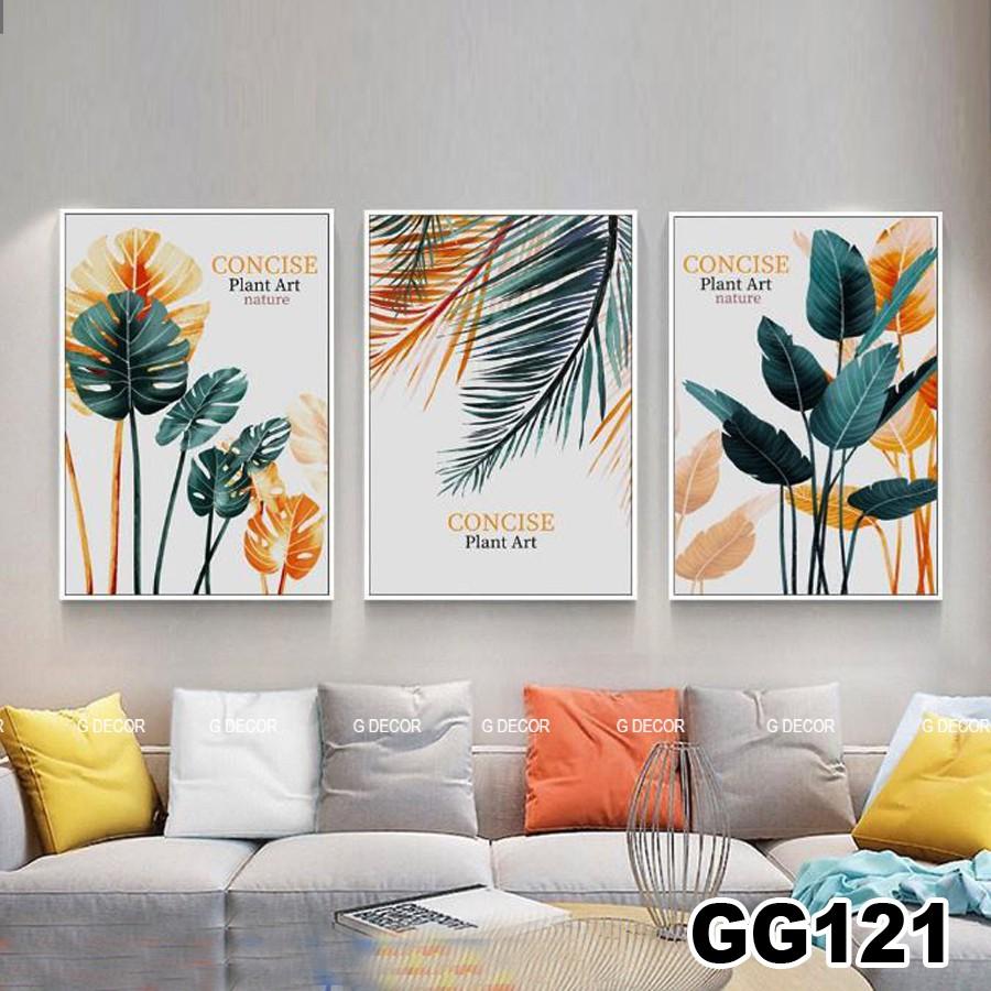 Tranh treo tường canvas 3 bức phong cách hiện đại Bắc Âu 114, tranh lá cây trang trí phòng khách, phòng ngủ, spa