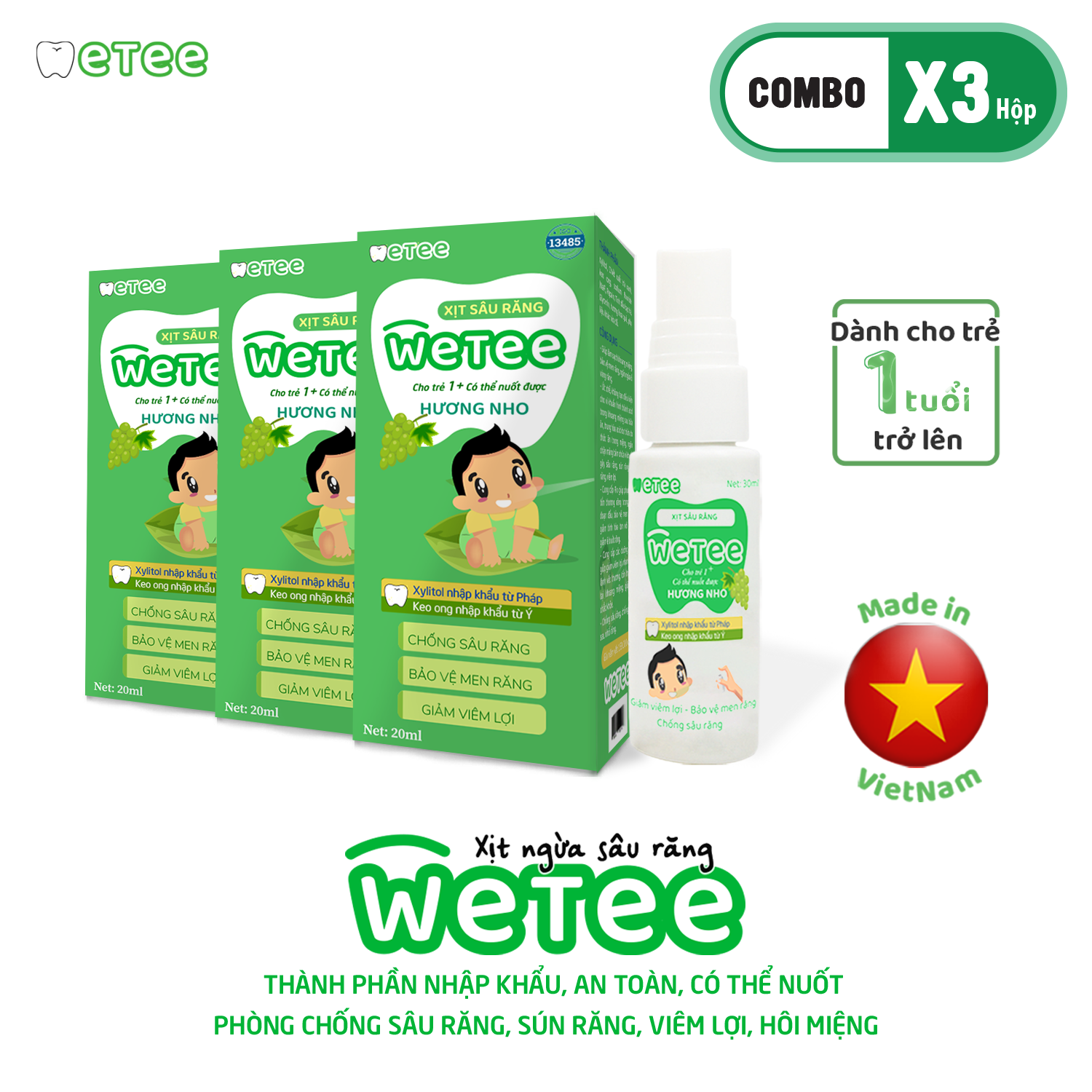 [COMBO 3] Xịt Răng Miệng Chống Sâu Răng Sún Răng Cho bé WETEE 30ml