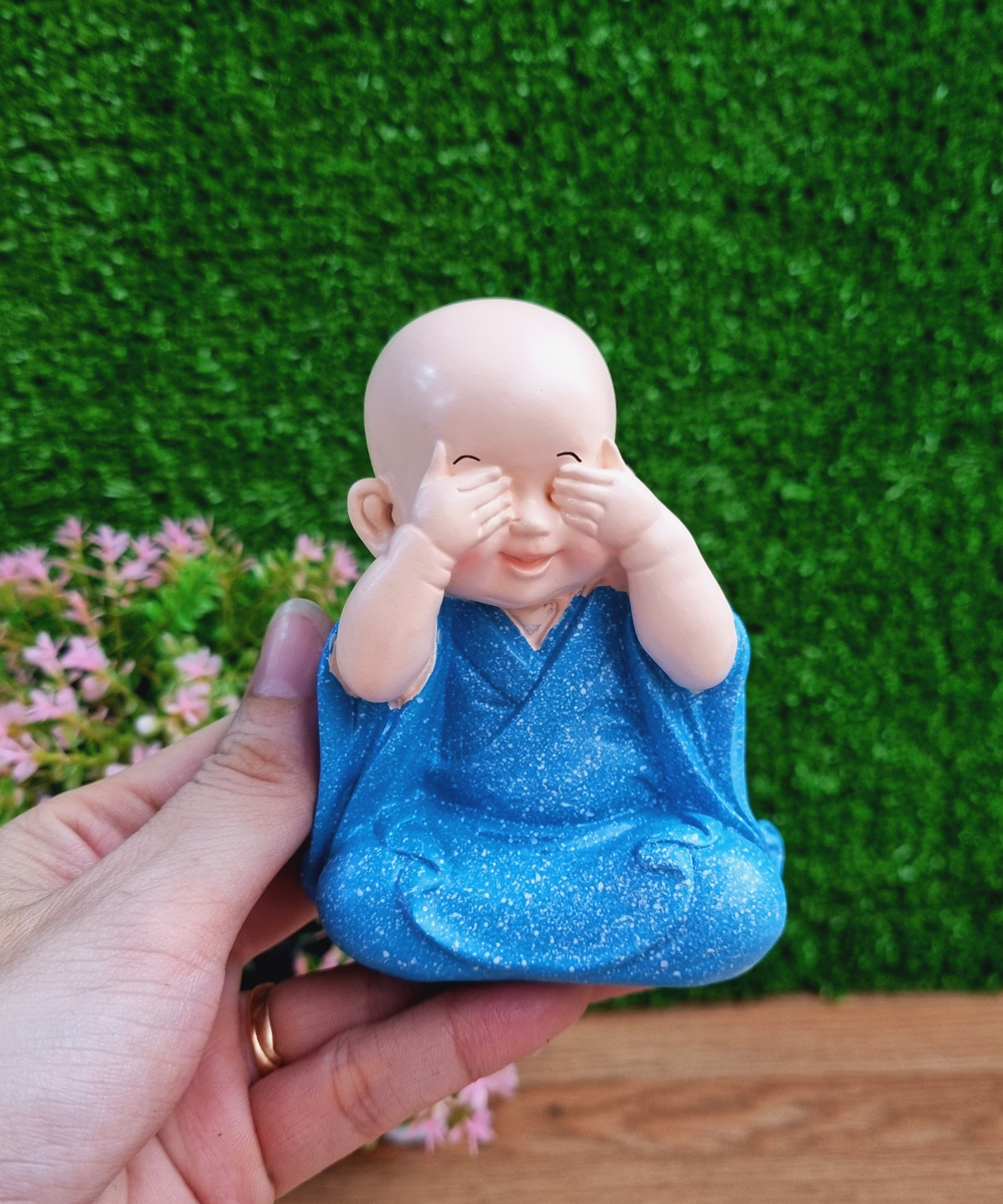 Bộ 03 tượng chú tiểu Tam Không áo xanh dương 10cm - tặng kèm 50 xu vàng mini may mắn