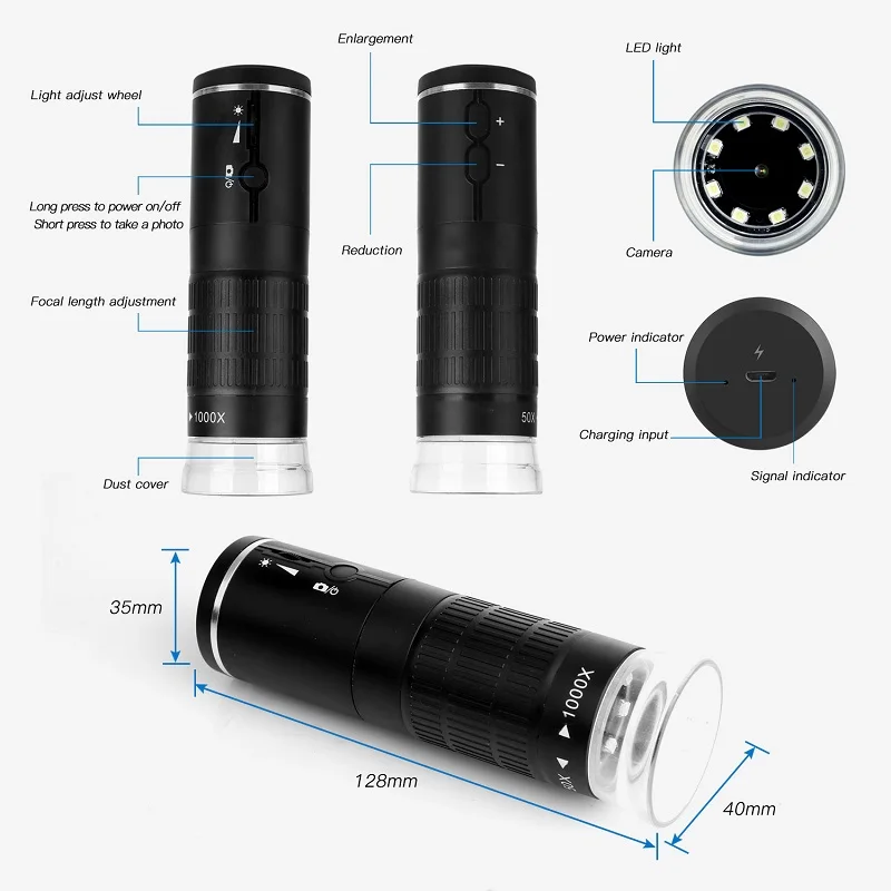 ROGTZ Kính Hiển Vi Phóng Đại 50-1000x Kết Nối Wifi/Có Dây Dùng Cho Điện Thoại, PC Độ Phân Giải 1080P Với 8 Đèn Led Trợ Sáng. WiFi Digital Microscope HD1080P 1000X USB Microscope 8 LED Wireless Portable Electronic Camera for Smartphone - Hàng Chính Hãng