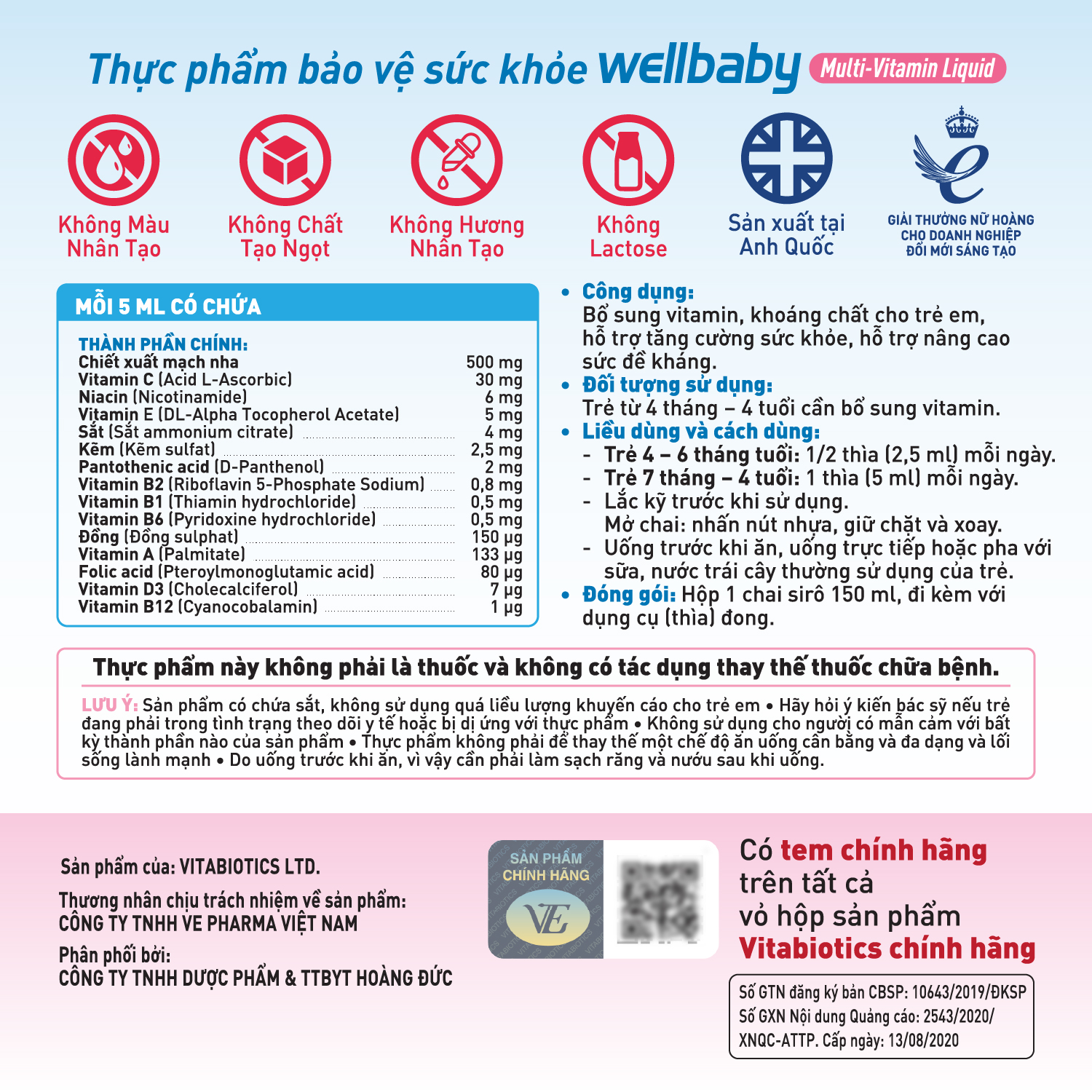 Siro Uống Cho Bé Vitabiotics WELLBABY Multi-Vitamin Liquid Vị Cam Mạch Nha Ngon Miệng, Tăng Cường Sức Đề Kháng 150ml