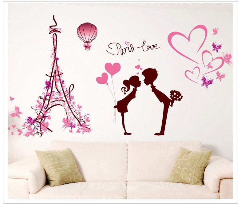 Decal dán tường trang trí phòng ngủ lãng mạn hình Couple bên tháp Eiffel - decal tình yêu DKN081 (61 x 113 cm)