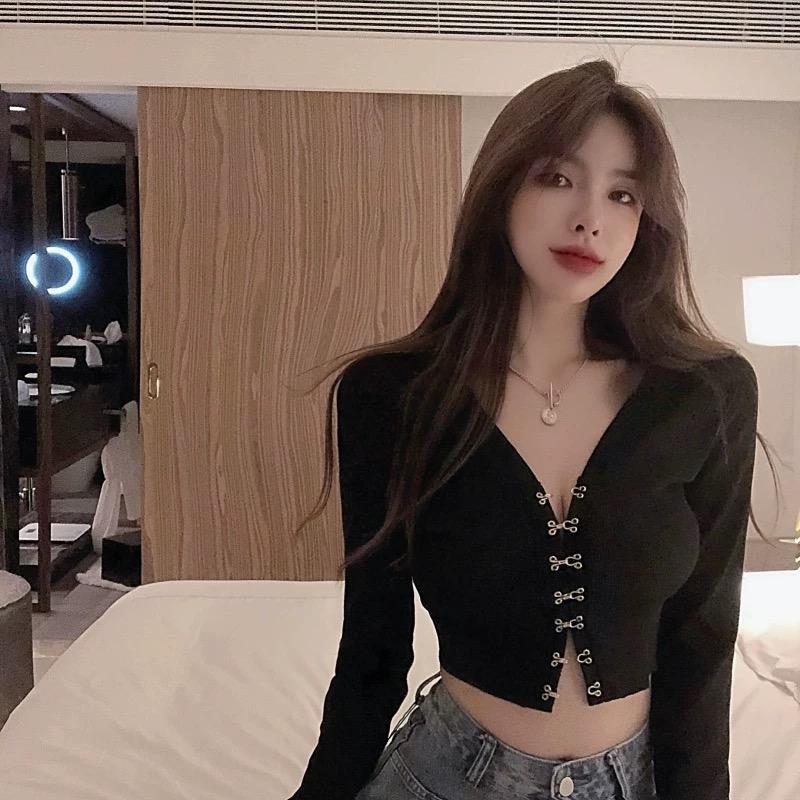 MS798 Áo len nữ dài tay cúc cài croptop độc lạ cá tính