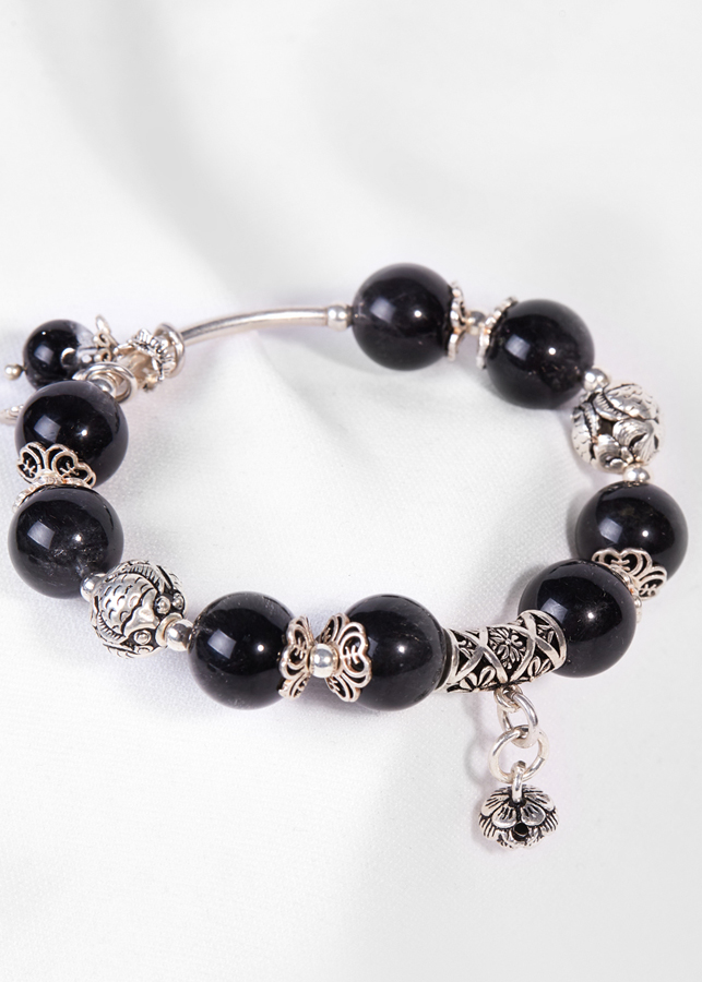 Vòng Tay Thạch Anh Tóc Đen Phối Charm Hoa Sen Treo Ngọc Quý Gemstones