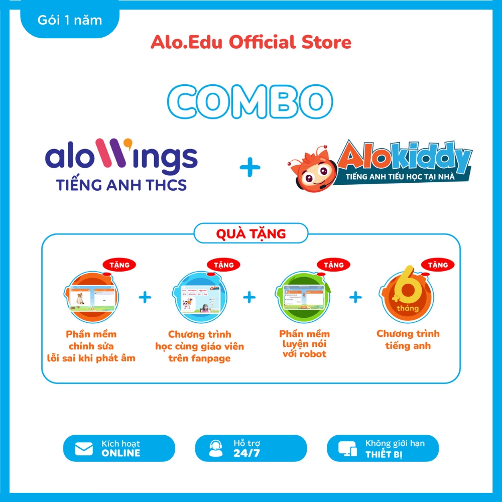 ALOKIDDY Combo 2 app học tiếng Anh cho học sinh từ Cấp 1 đến Cấp 2 E-voucher áp dụng toàn quốc