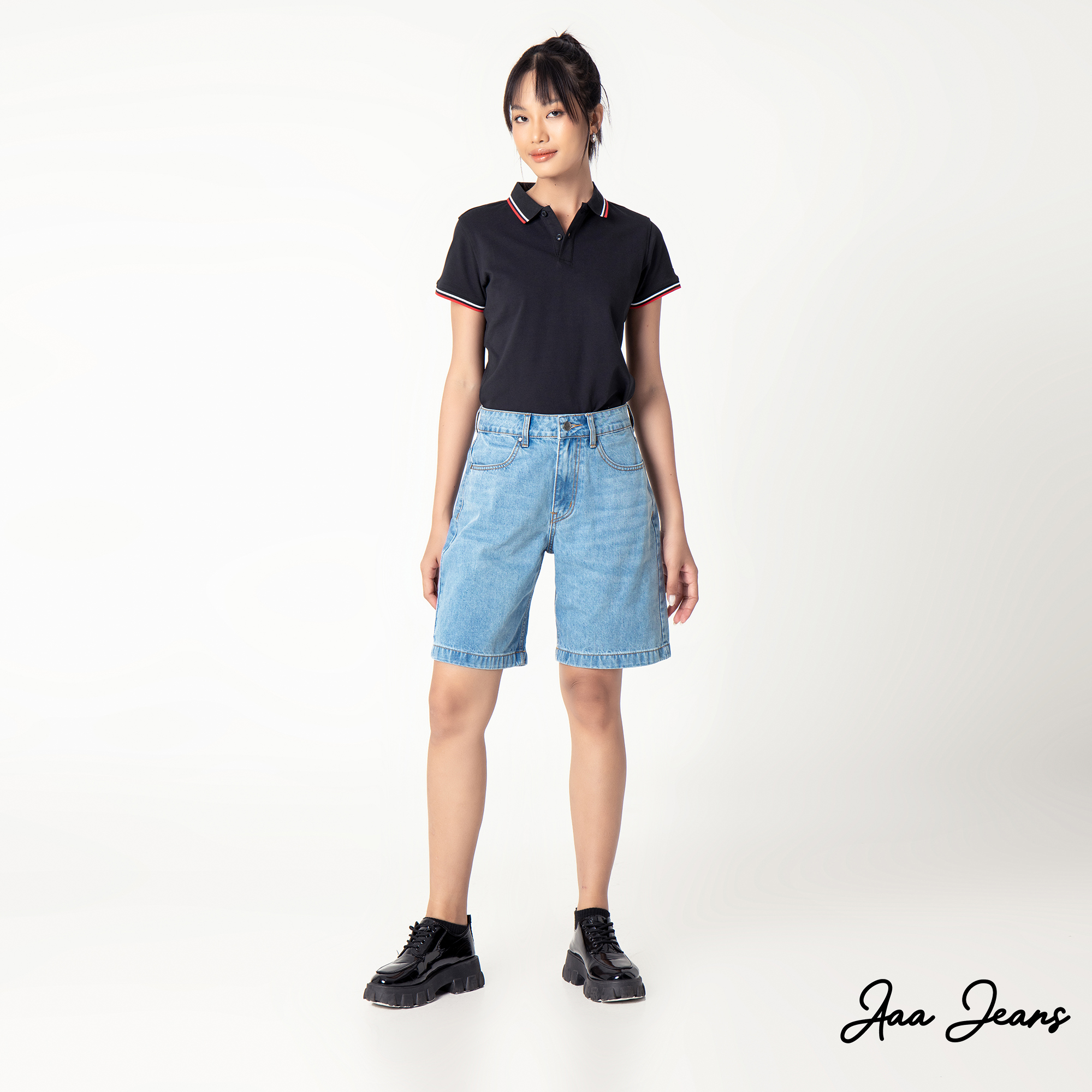 Quần short jean nữ lưng cao ngang gối Aaa Jeans Light Blue