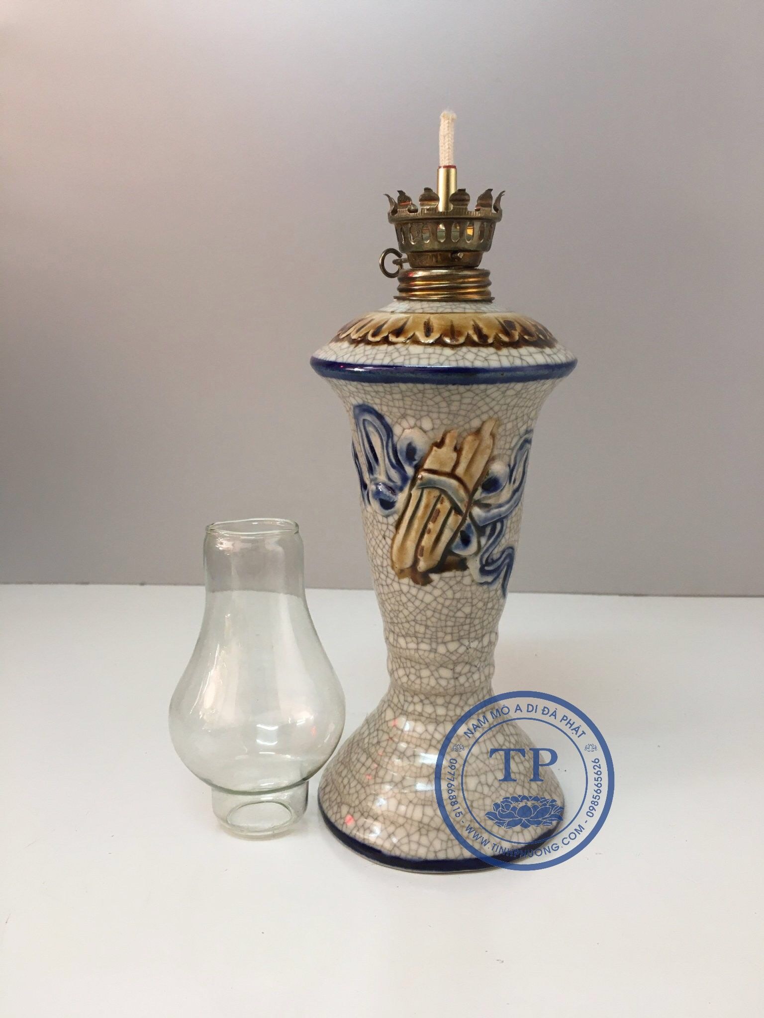 Đèn thờ đốt dầu gốm TỊNH PHƯƠNG cao cấp Đk: 9cm Cao: 29,5cm KH12141