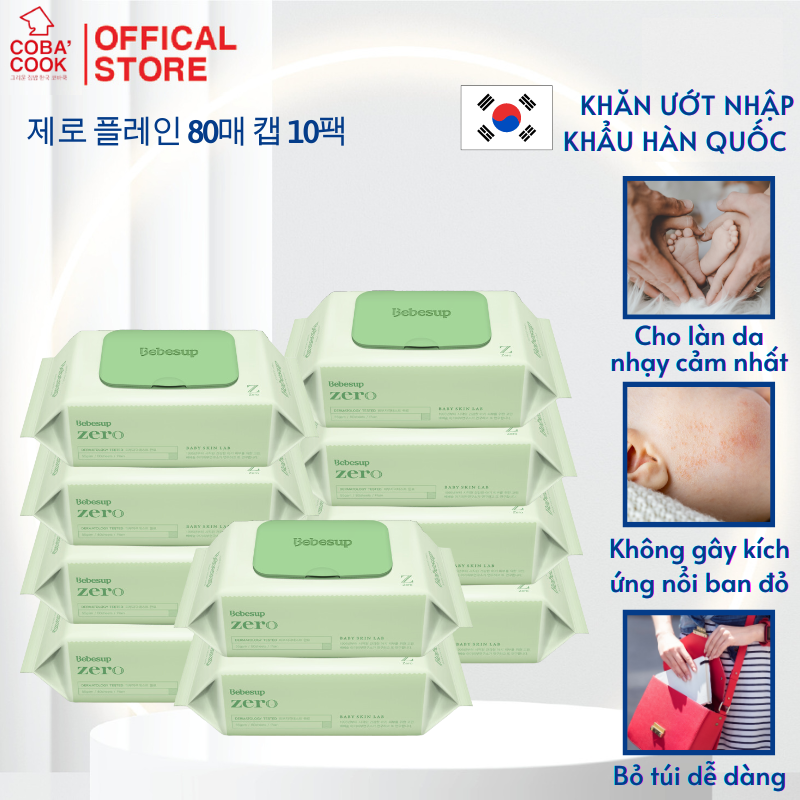 Combo 10 Gói Khăn Ướt Bebesup Zero 80 Tờ/Gói Nhập Khẩu Hàn Quốc Thương Hiệu Bebesup