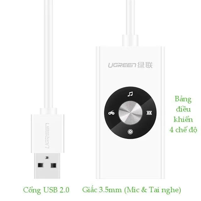 Ugreen UG3044830448TK 20CM màu Trắng Bộ chuyển USB 2.0 sang Loa + MIC chuẩn 3.5mm có điều khiển - HÀNG CHÍNH HÃNG