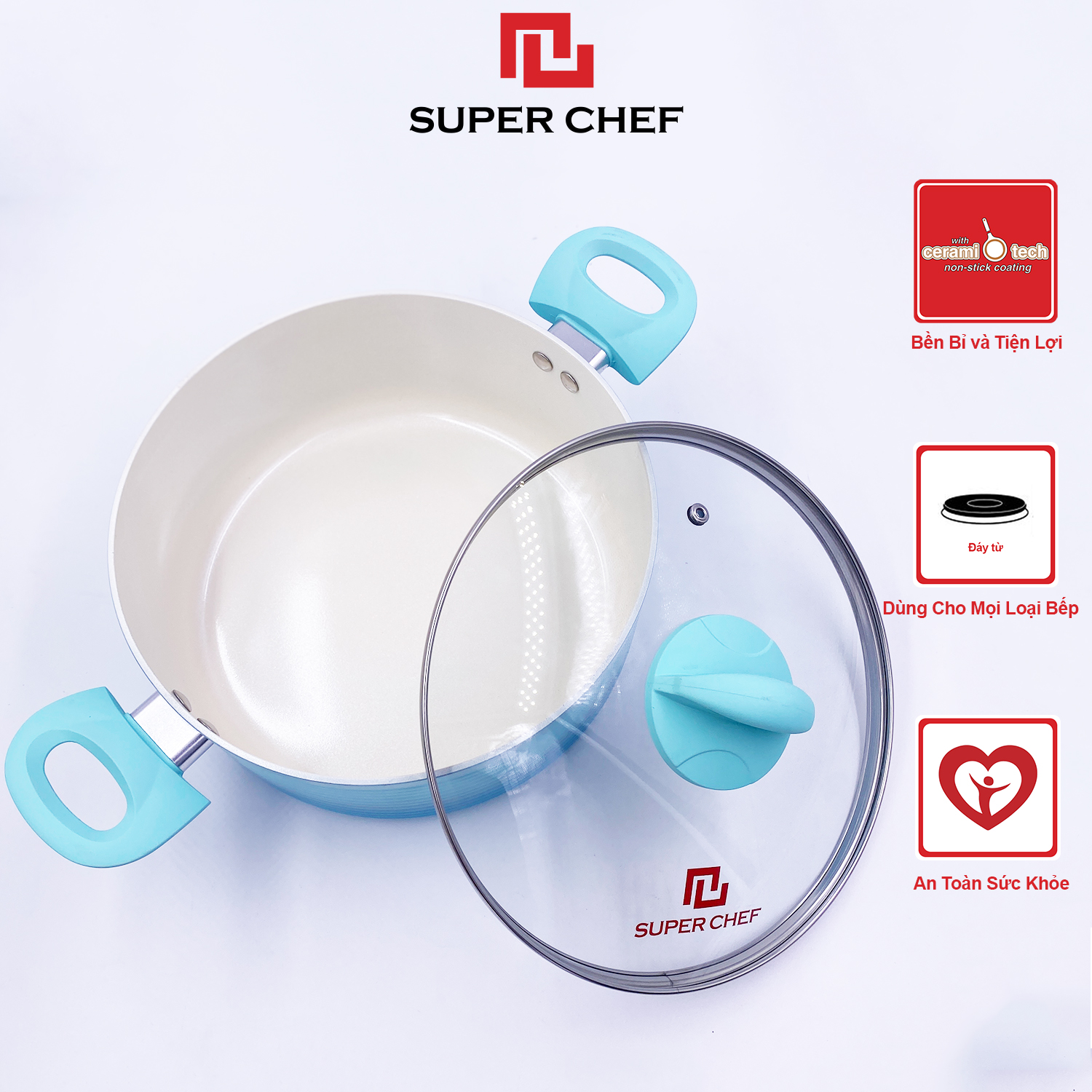 Nồi Chống Dính Ceramic Đáy Từ Cao Cấp Chef Blue Thiết Kế Mới, An Toàn Sức Khỏe, Siêu Bền Bỉ Không Bong Tróc, Hạn Chế Trầy Xước ( 20- 24cm)