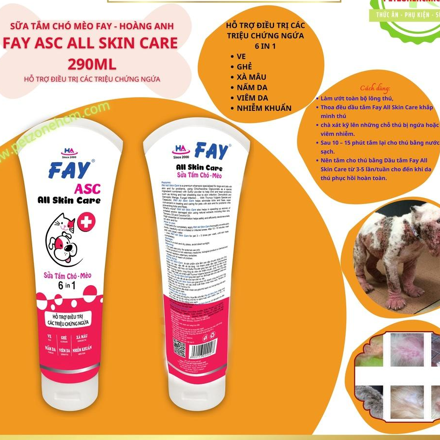 Sữa tắm Fay All skin care 290ml-6 in 1FREESHIPcác bệnh ngoài da ve,ghẻ, nấm, ngứa, xà mâu, viêm da, rụng lông chó mèo