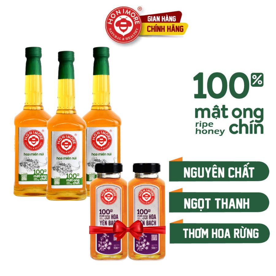 Combo 3 chai mật ong chín Honimore Hoa Miền Núi 630g - TẶNG 2 chai mật ong nguyên chất Hoa Yên Bạch 500g