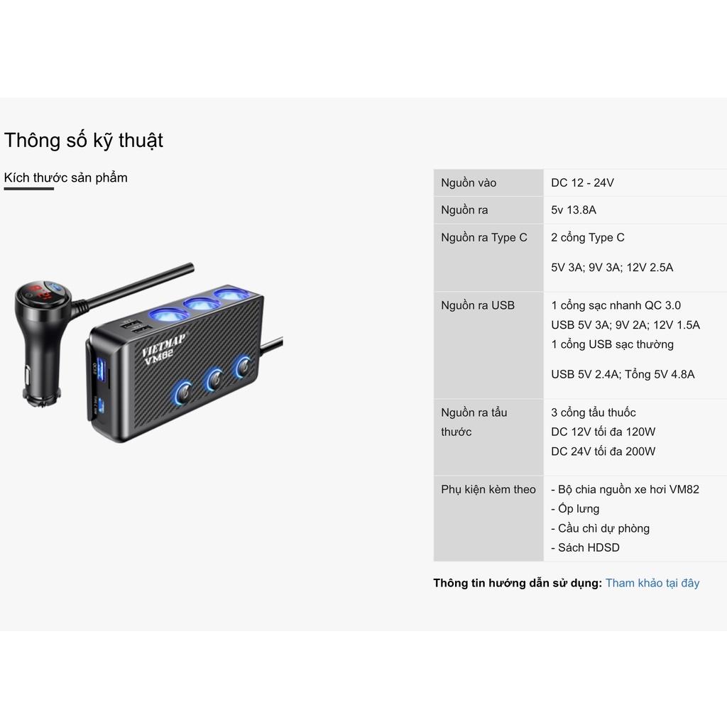 VIETMAP VM82 - Bộ chia sạc ô tô đa năng - Sạc nhanh Type-C PD 30W và QC 3.0 - Hàng chính hãng