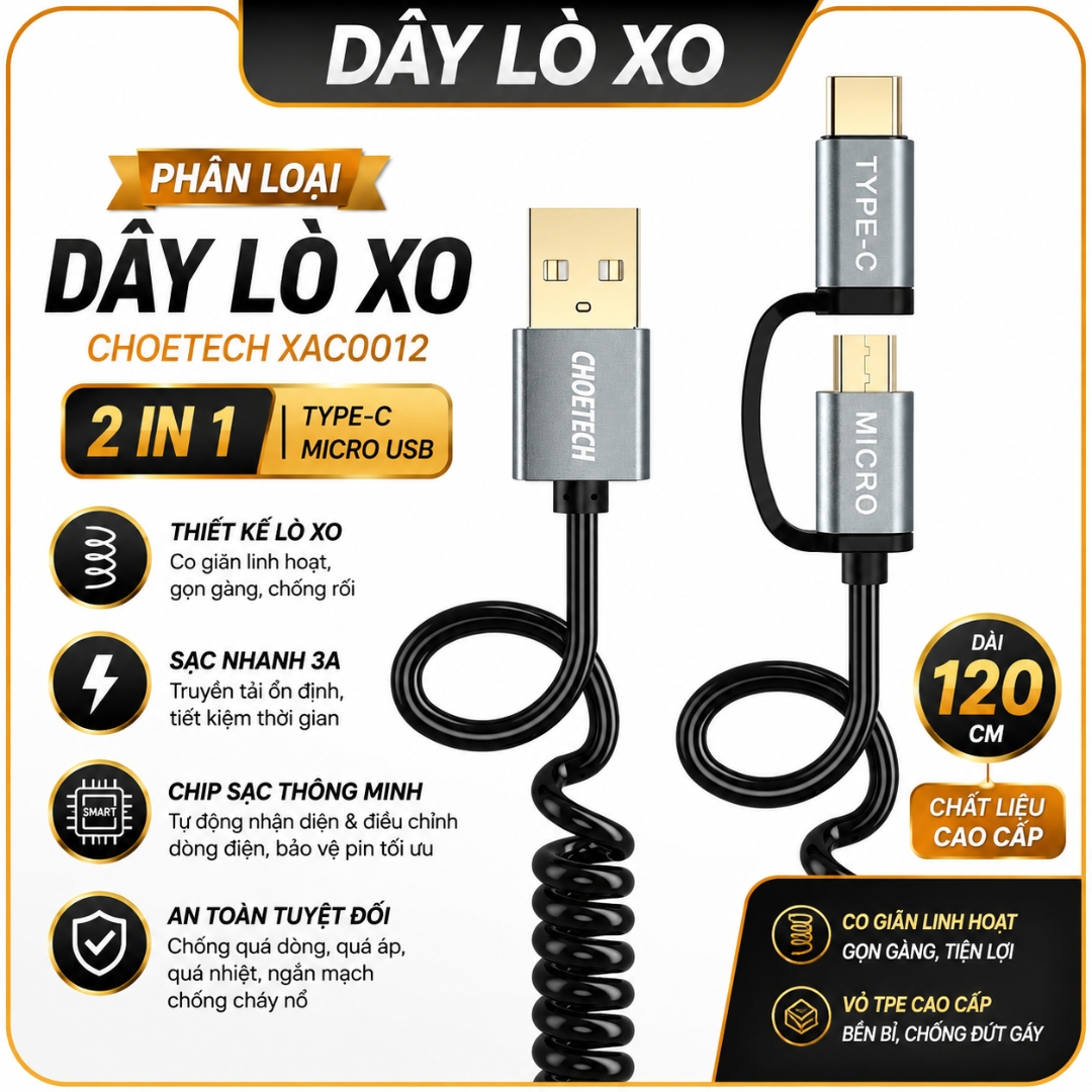 Dây Cáp Sạc Nhanh DuoLink SmartCharge 2in1 CHOETECH XAC0012 Type-C / Micro USB Dài 120CM - Sạc Nhanh 3A, Chip Sạc Thông Minh, Truyền Dữ Liệu 480Mbps - Hàng nhập khẩu