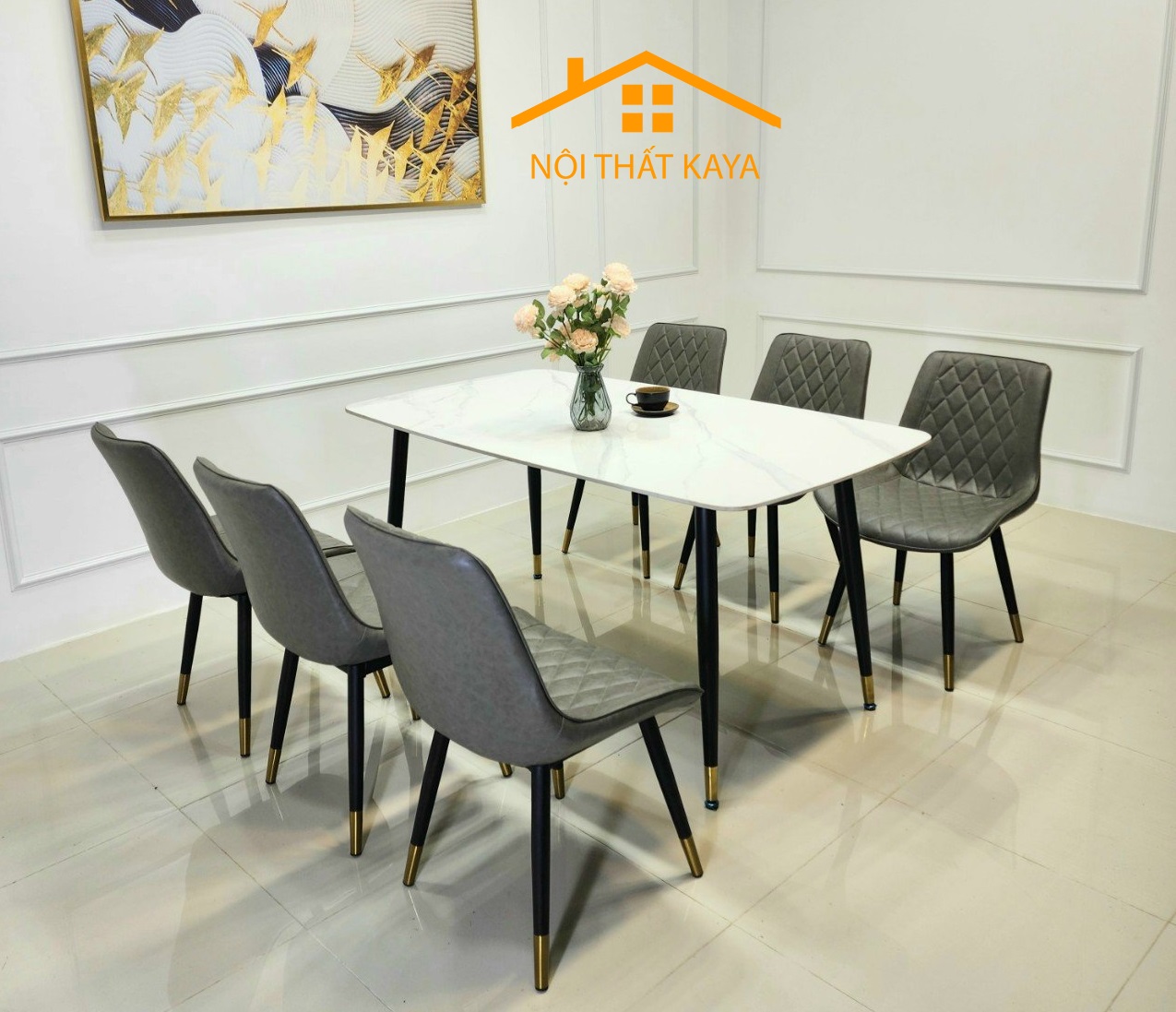 Bộ Bàn Mặt Đá Ceramic 6 Ghế Nhập Khẩu Chân Neva 1m6 – KY-GH10