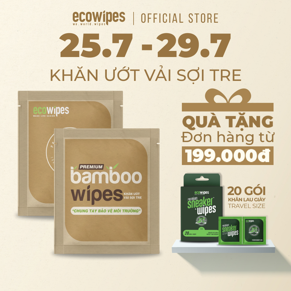 Khăn giấy ướt cao cấp EcoBamboo Travel size Premium gói 1 tờ vải tre sinh thái không mùi có thể phân hủy