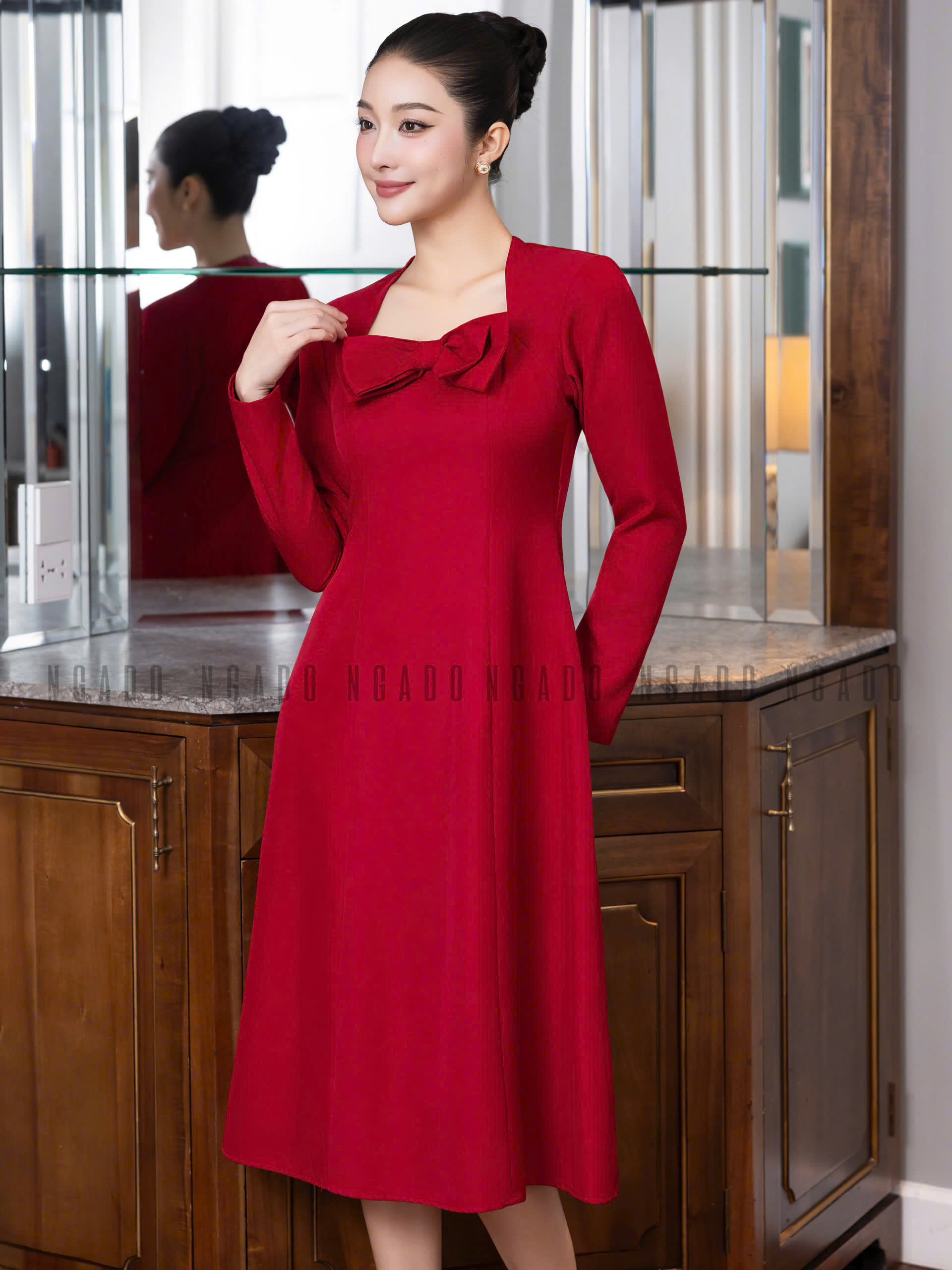 Đầm đỏ tay dài nơ ngực NGADO , đầm tay dài , đầm nơ , đầm nữ , đầm dự tiệc , công sở